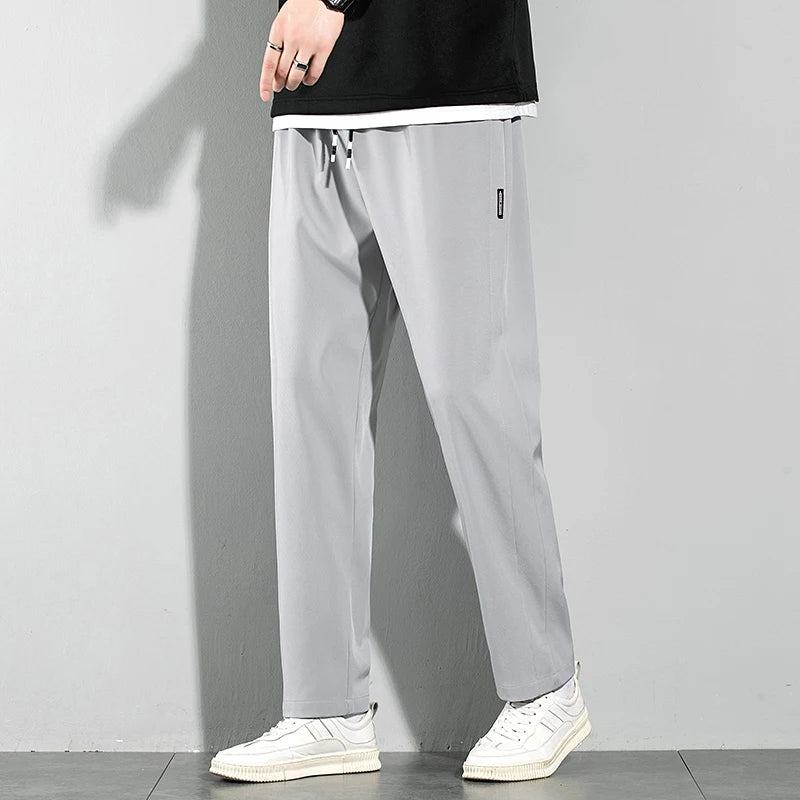 Ice Silk Mens Pants 2025 Summer New Black Gray Casual Pants