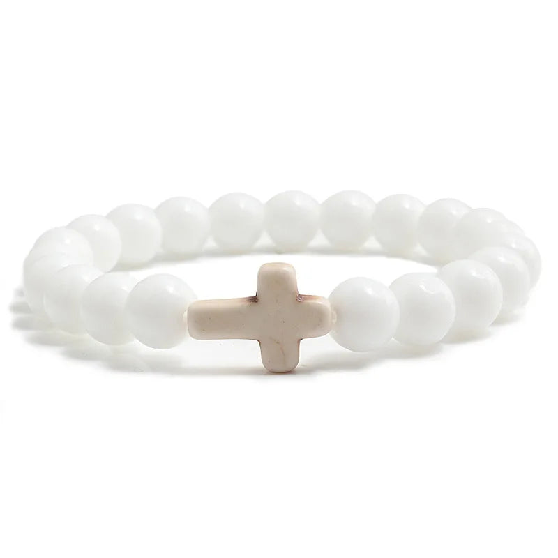 8mm Beads Religious Cross Bracelet for Women Men Natural Turquoise Stone Elastic Link Prayer Bracelet for Boy Girls