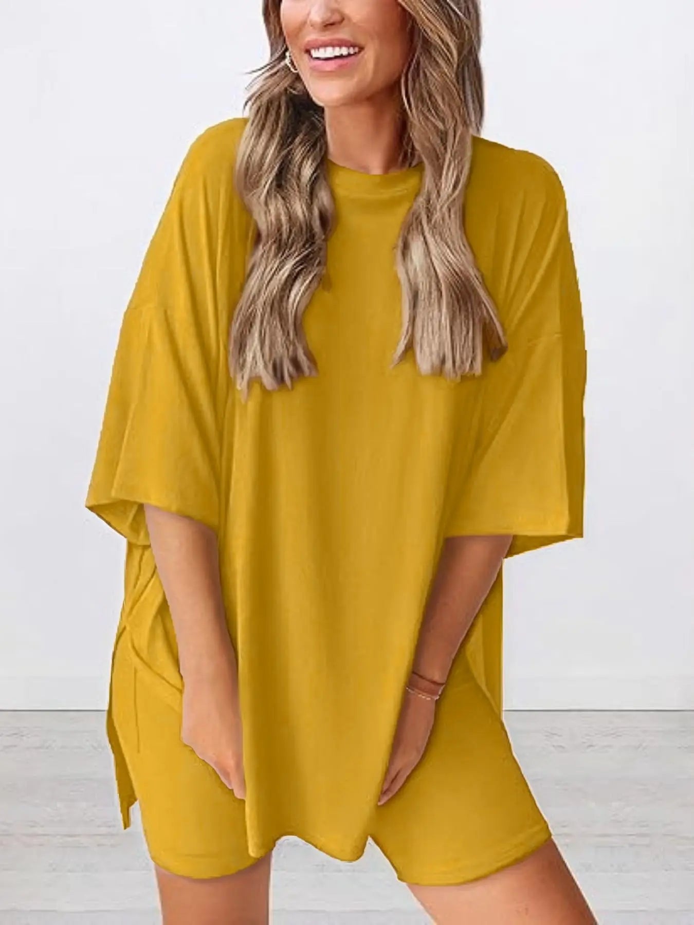 Women'S Solid Color T-Shirt and Tight Shorts Set, Summer Comfort round Neck Pajamas Loungewear, Pocket Design, Suitable for Outdoor Wear