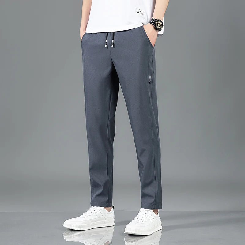 Ice Silk Mens Pants 2025 Summer New Black Gray Casual Pants