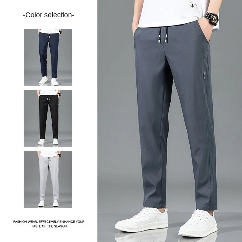 Ice Silk Mens Pants 2025 Summer New Black Gray Casual Pants