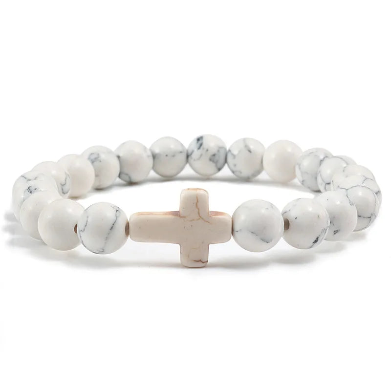 8mm Beads Religious Cross Bracelet for Women Men Natural Turquoise Stone Elastic Link Prayer Bracelet for Boy Girls