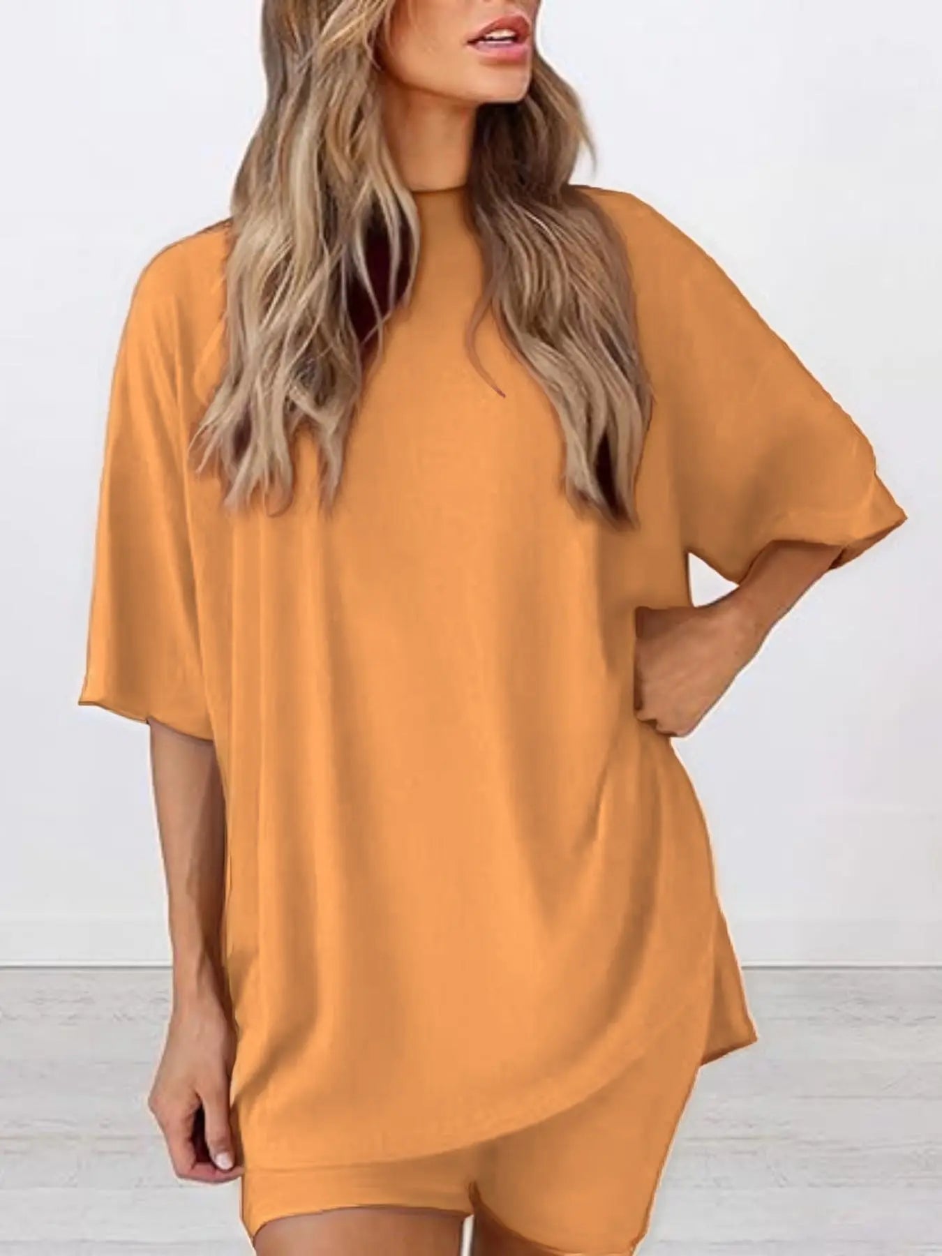 Women'S Solid Color T-Shirt and Tight Shorts Set, Summer Comfort round Neck Pajamas Loungewear, Pocket Design, Suitable for Outdoor Wear