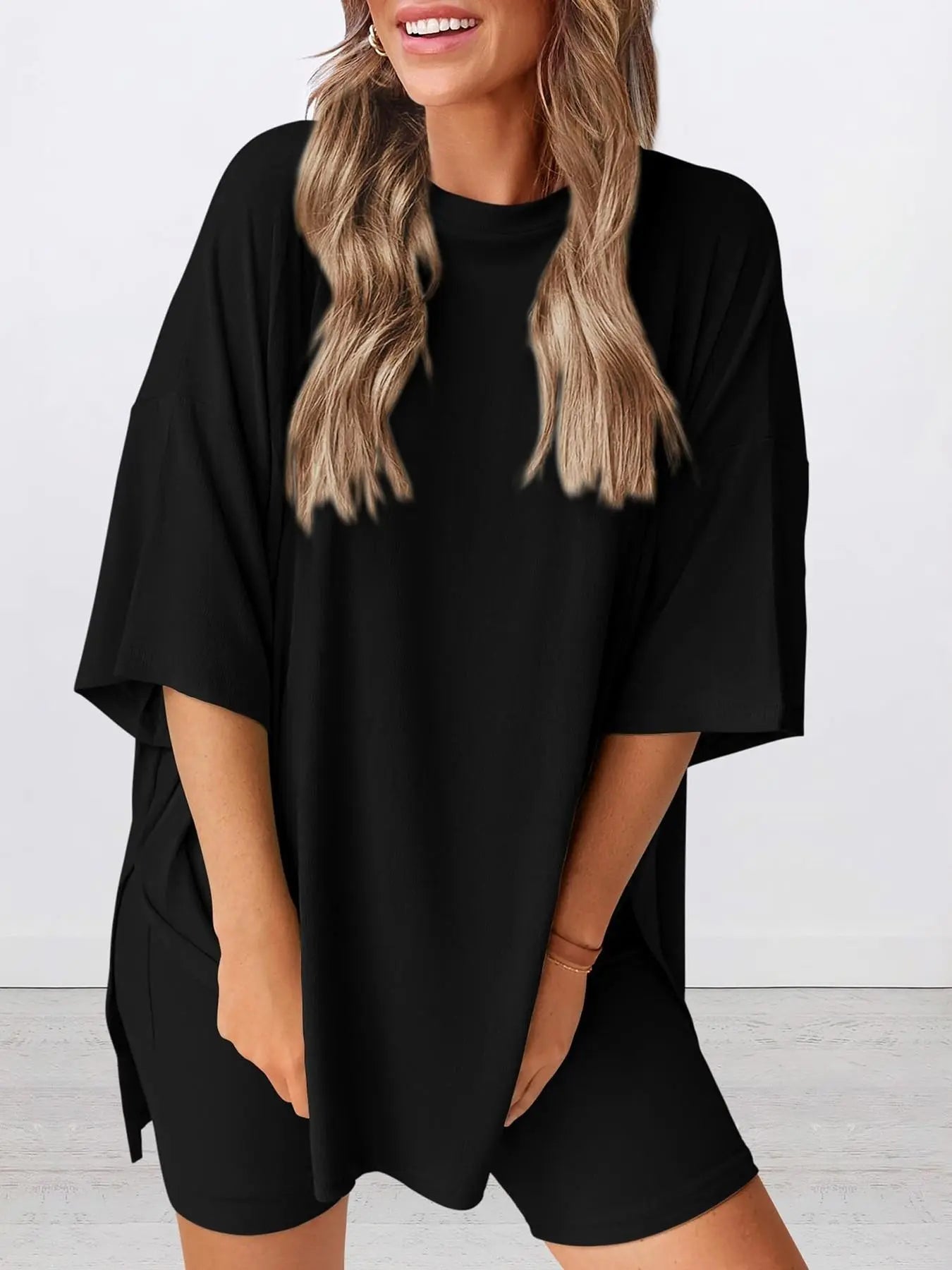 Women'S Solid Color T-Shirt and Tight Shorts Set, Summer Comfort round Neck Pajamas Loungewear, Pocket Design, Suitable for Outdoor Wear