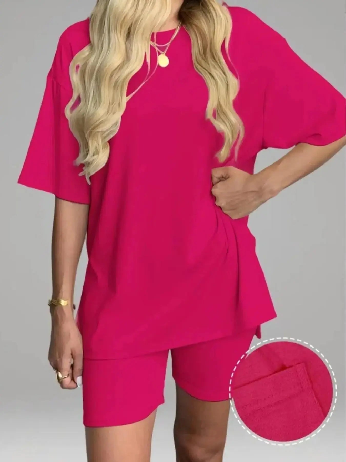 Women'S Solid Color T-Shirt and Tight Shorts Set, Summer Comfort round Neck Pajamas Loungewear, Pocket Design, Suitable for Outdoor Wear