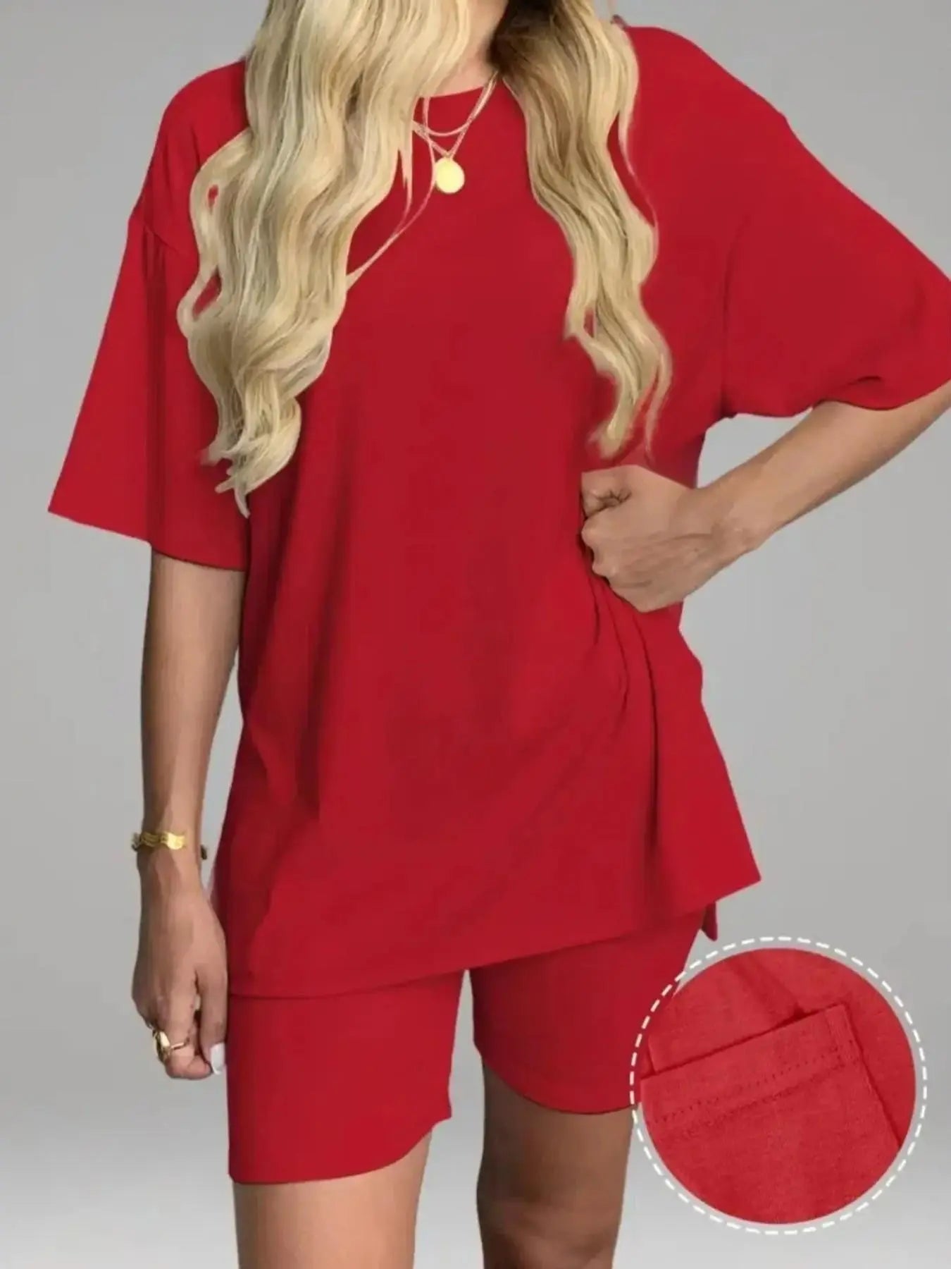 Women'S Solid Color T-Shirt and Tight Shorts Set, Summer Comfort round Neck Pajamas Loungewear, Pocket Design, Suitable for Outdoor Wear