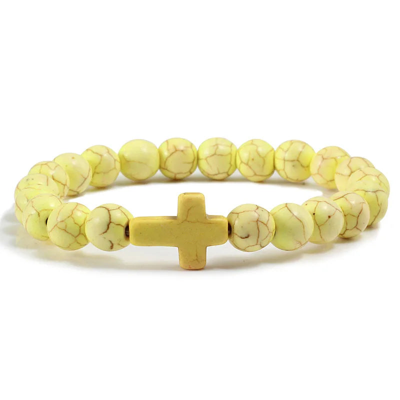 8mm Beads Religious Cross Bracelet for Women Men Natural Turquoise Stone Elastic Link Prayer Bracelet for Boy Girls