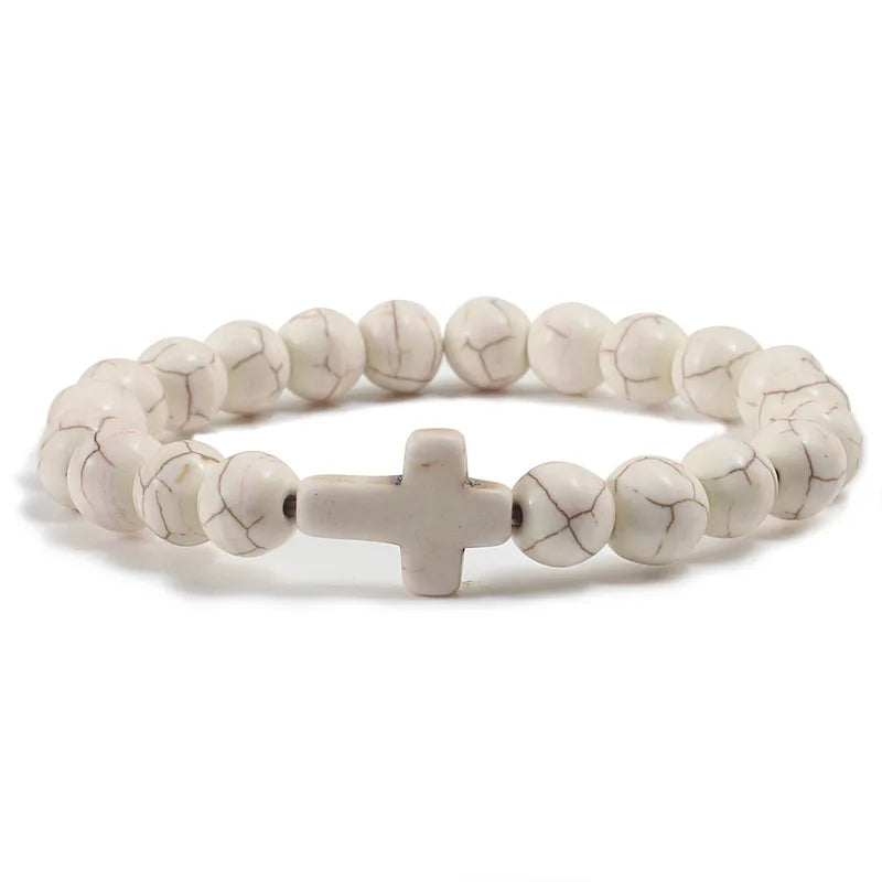 8mm Beads Religious Cross Bracelet for Women Men Natural Turquoise Stone Elastic Link Prayer Bracelet for Boy Girls