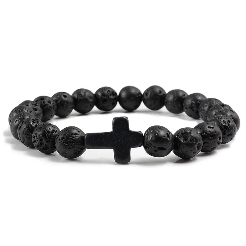 8mm Beads Religious Cross Bracelet for Women Men Natural Turquoise Stone Elastic Link Prayer Bracelet for Boy Girls