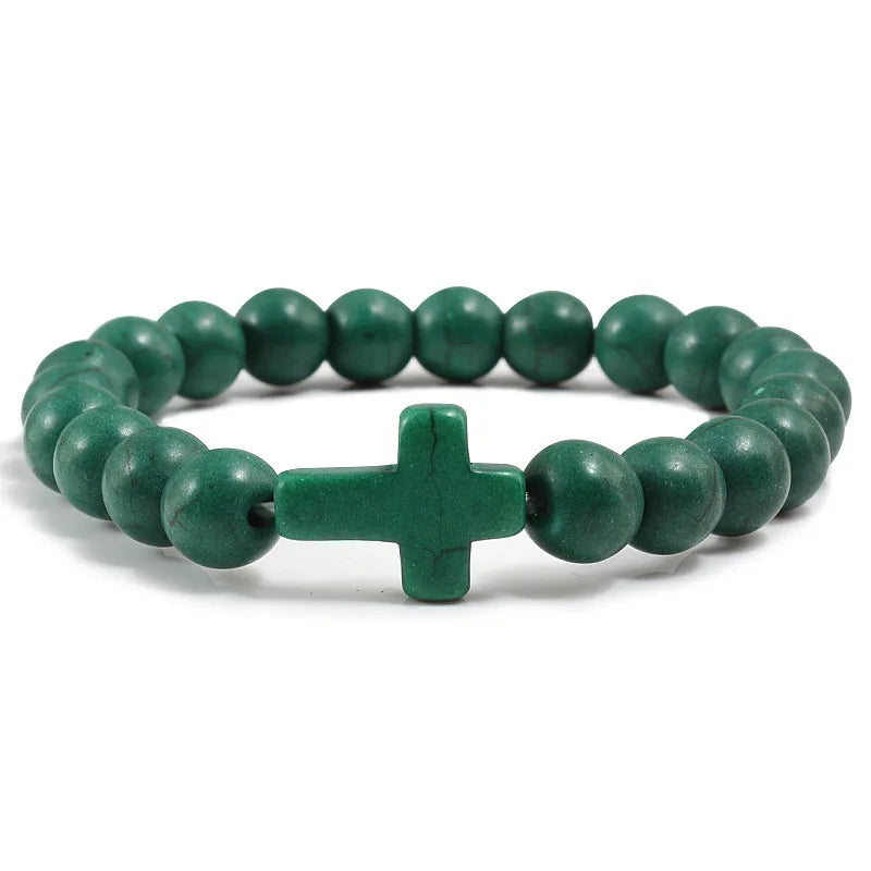 8mm Beads Religious Cross Bracelet for Women Men Natural Turquoise Stone Elastic Link Prayer Bracelet for Boy Girls