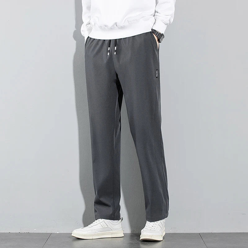 Ice Silk Mens Pants 2025 Summer New Black Gray Casual Pants