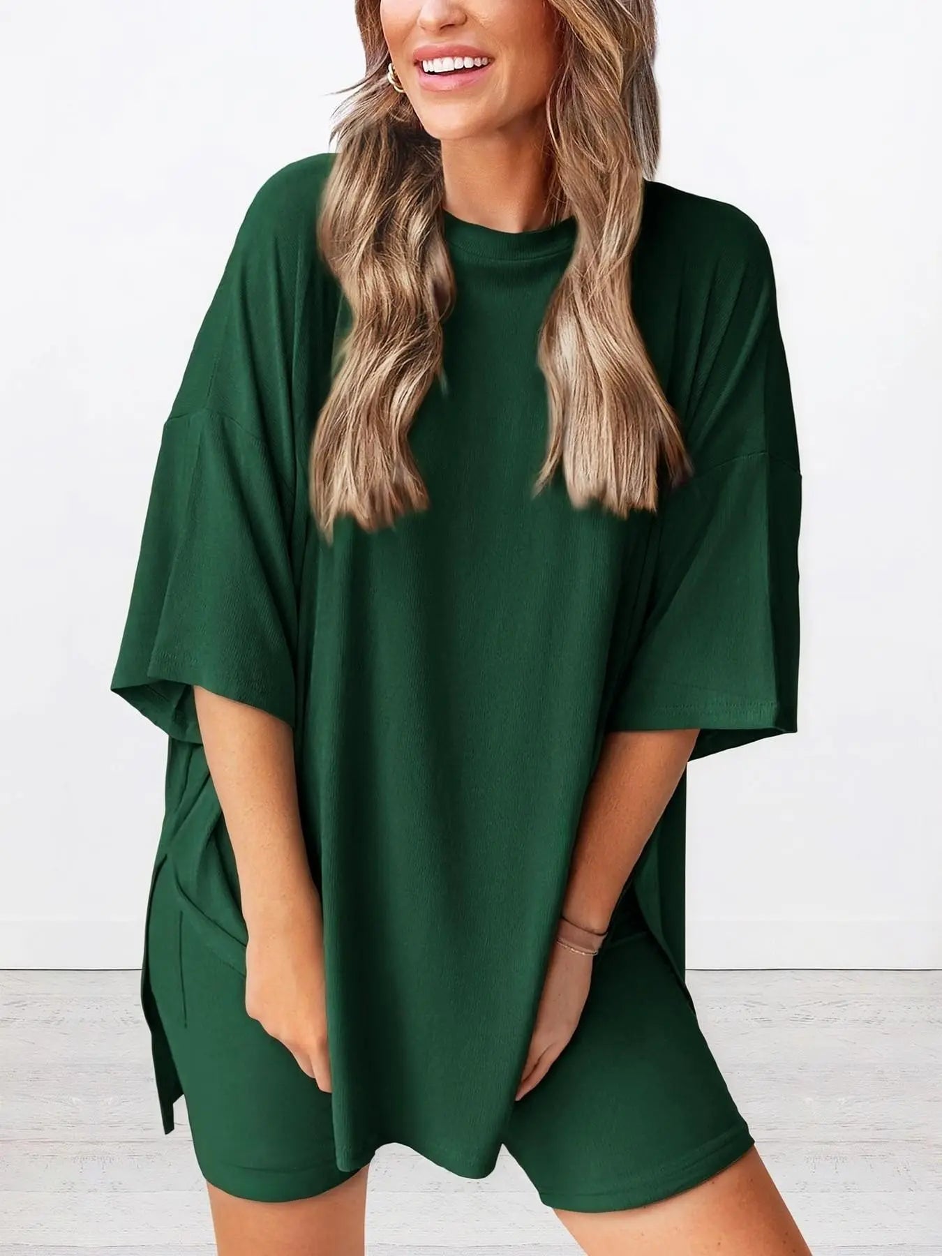 Women'S Solid Color T-Shirt and Tight Shorts Set, Summer Comfort round Neck Pajamas Loungewear, Pocket Design, Suitable for Outdoor Wear