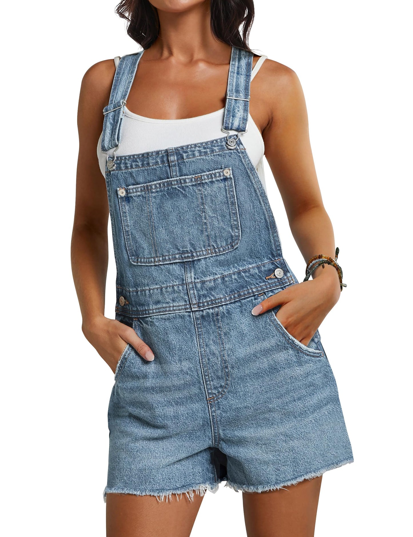 Qazel Vorrlon Denim Overall Shorts for Women Casual Summer Adjustable Strap Rompers with Pockets Bib Jeans Shortalls