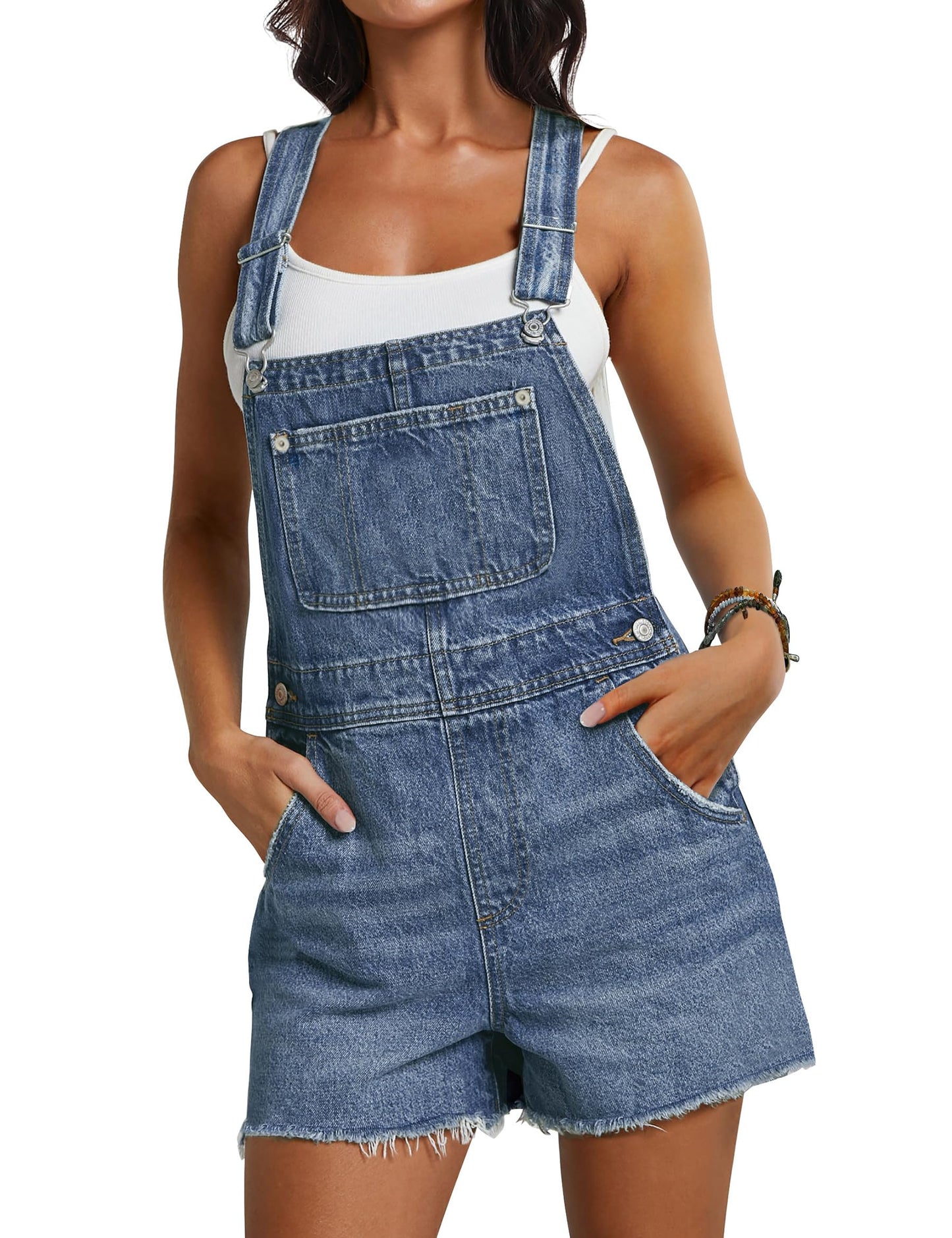 Qazel Vorrlon Denim Overall Shorts for Women Casual Summer Adjustable Strap Rompers with Pockets Bib Jeans Shortalls