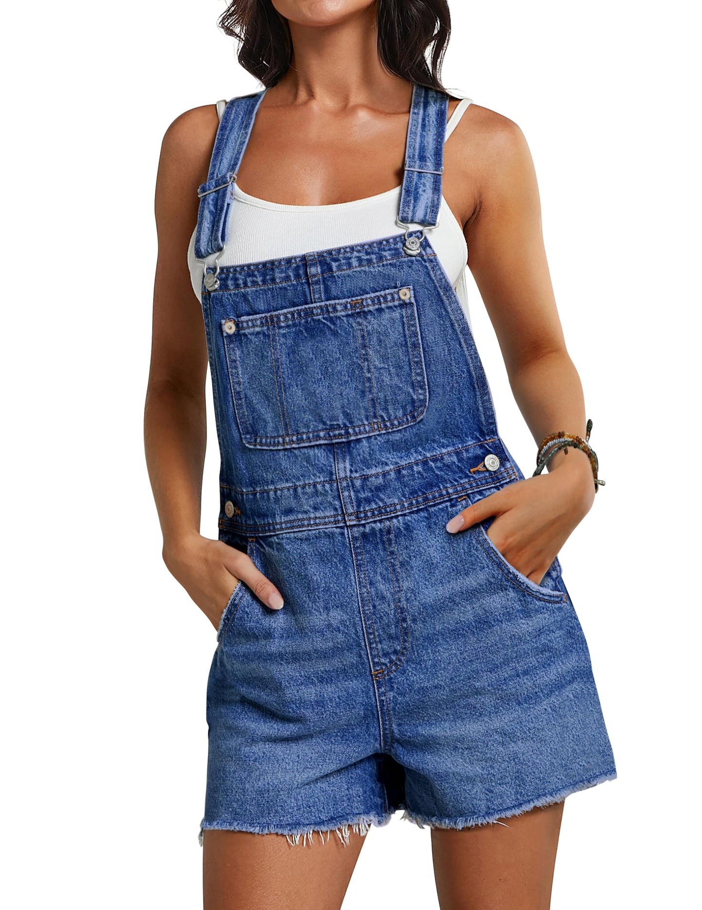 Qazel Vorrlon Denim Overall Shorts for Women Casual Summer Adjustable Strap Rompers with Pockets Bib Jeans Shortalls
