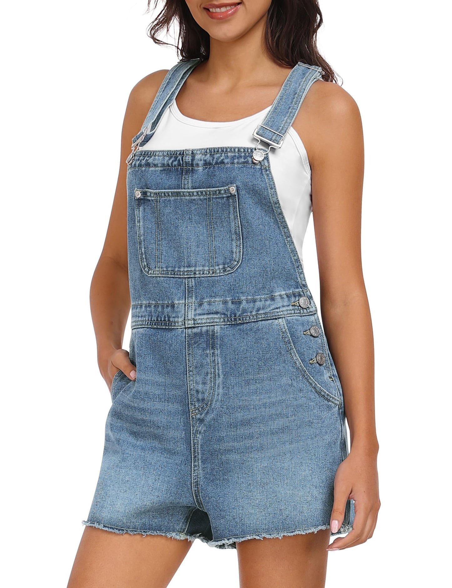 Qazel Vorrlon Denim Overall Shorts for Women Casual Summer Adjustable Strap Rompers with Pockets Bib Jeans Shortalls