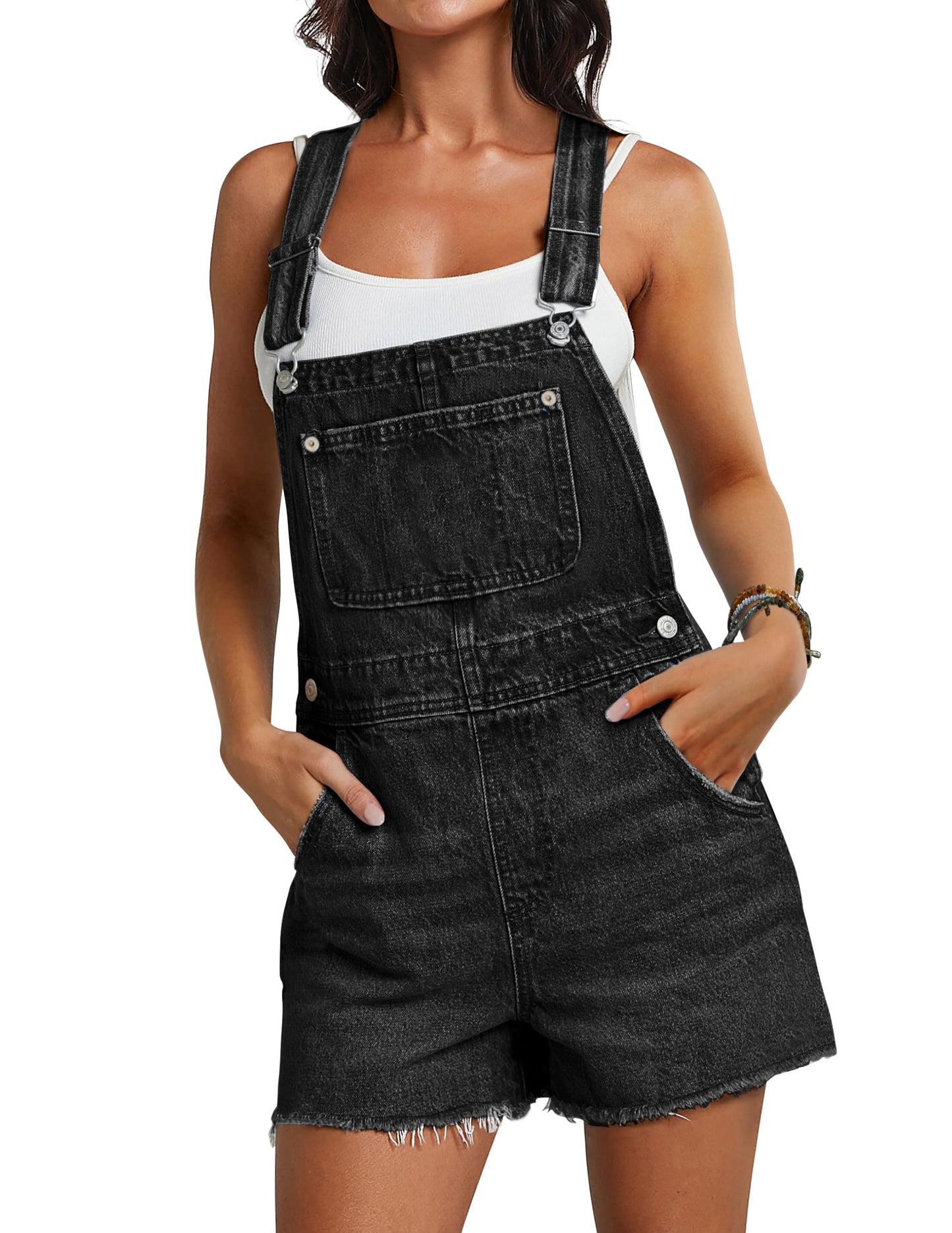 Qazel Vorrlon Denim Overall Shorts for Women Casual Summer Adjustable Strap Rompers with Pockets Bib Jeans Shortalls