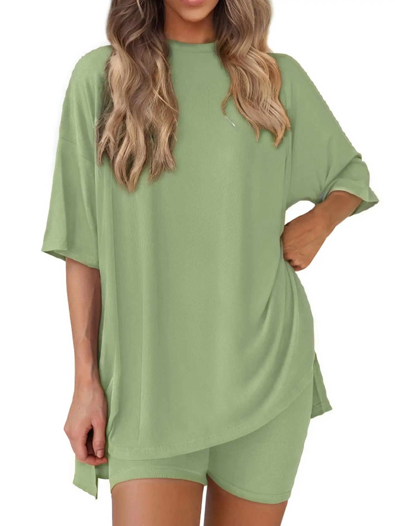 Women'S Solid Color T-Shirt and Tight Shorts Set, Summer Comfort round Neck Pajamas Loungewear, Pocket Design, Suitable for Outdoor Wear
