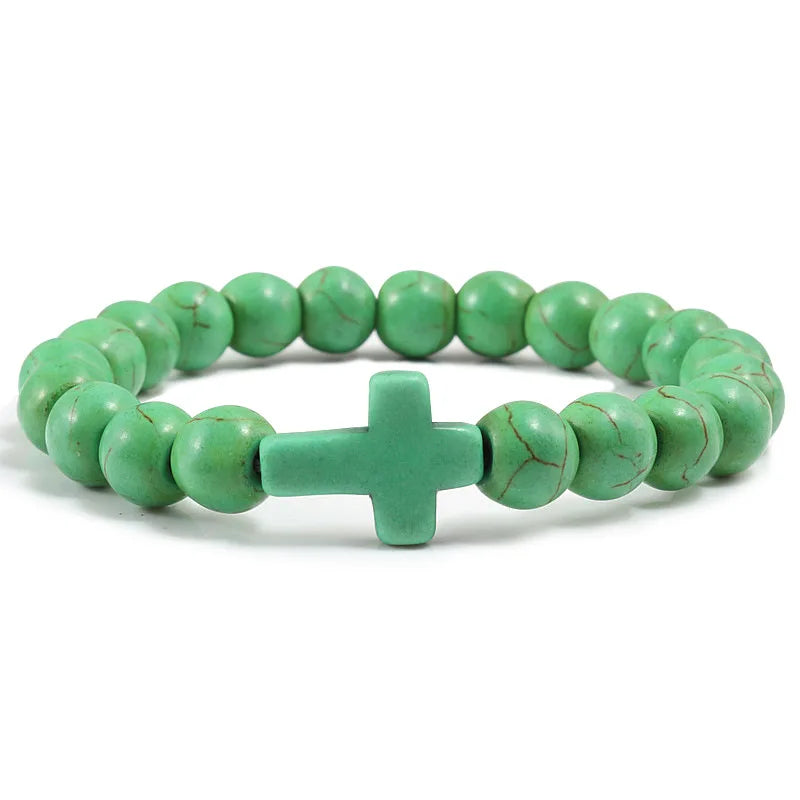 8mm Beads Religious Cross Bracelet for Women Men Natural Turquoise Stone Elastic Link Prayer Bracelet for Boy Girls