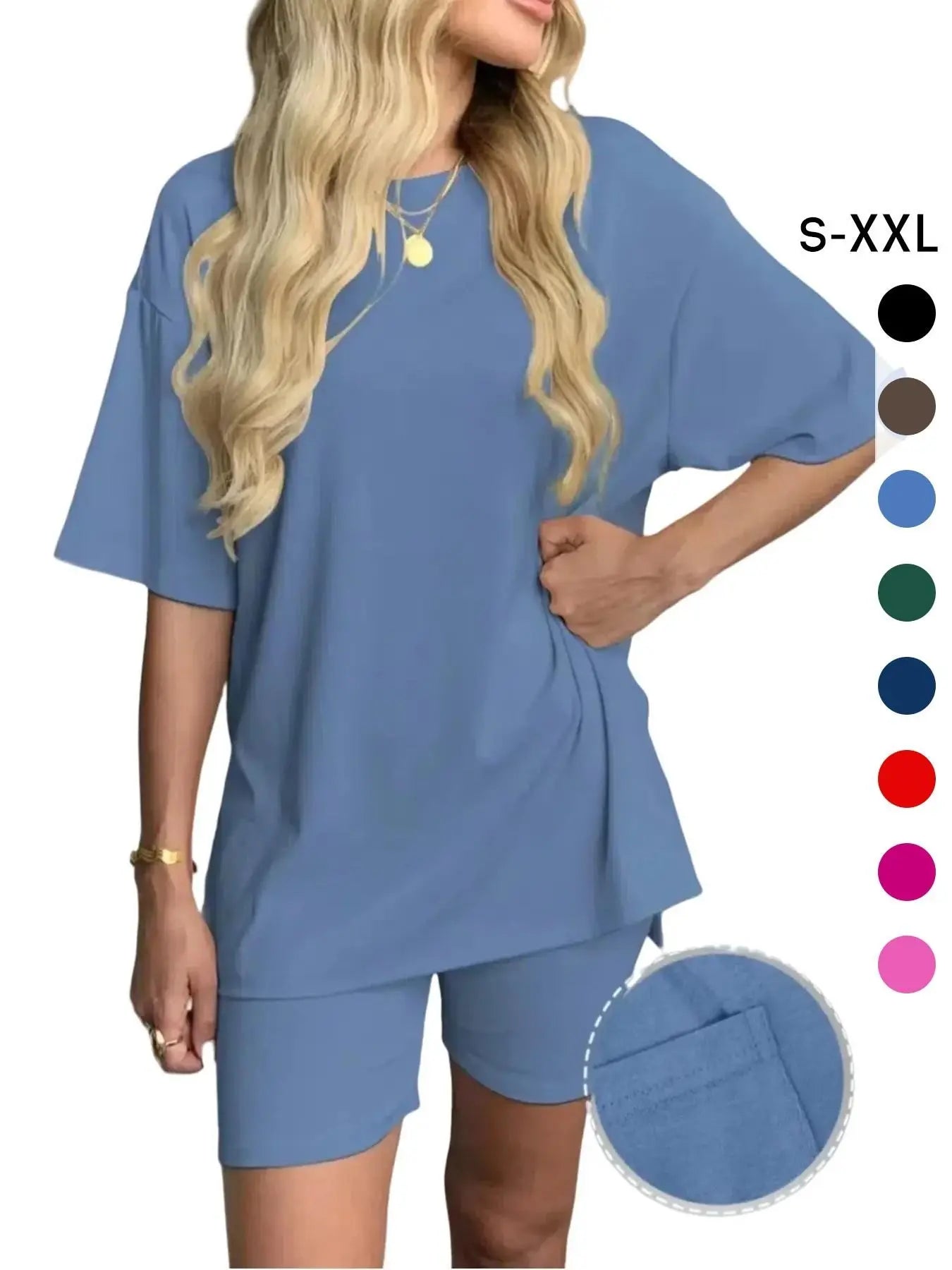 Women'S Solid Color T-Shirt and Tight Shorts Set, Summer Comfort round Neck Pajamas Loungewear, Pocket Design, Suitable for Outdoor Wear