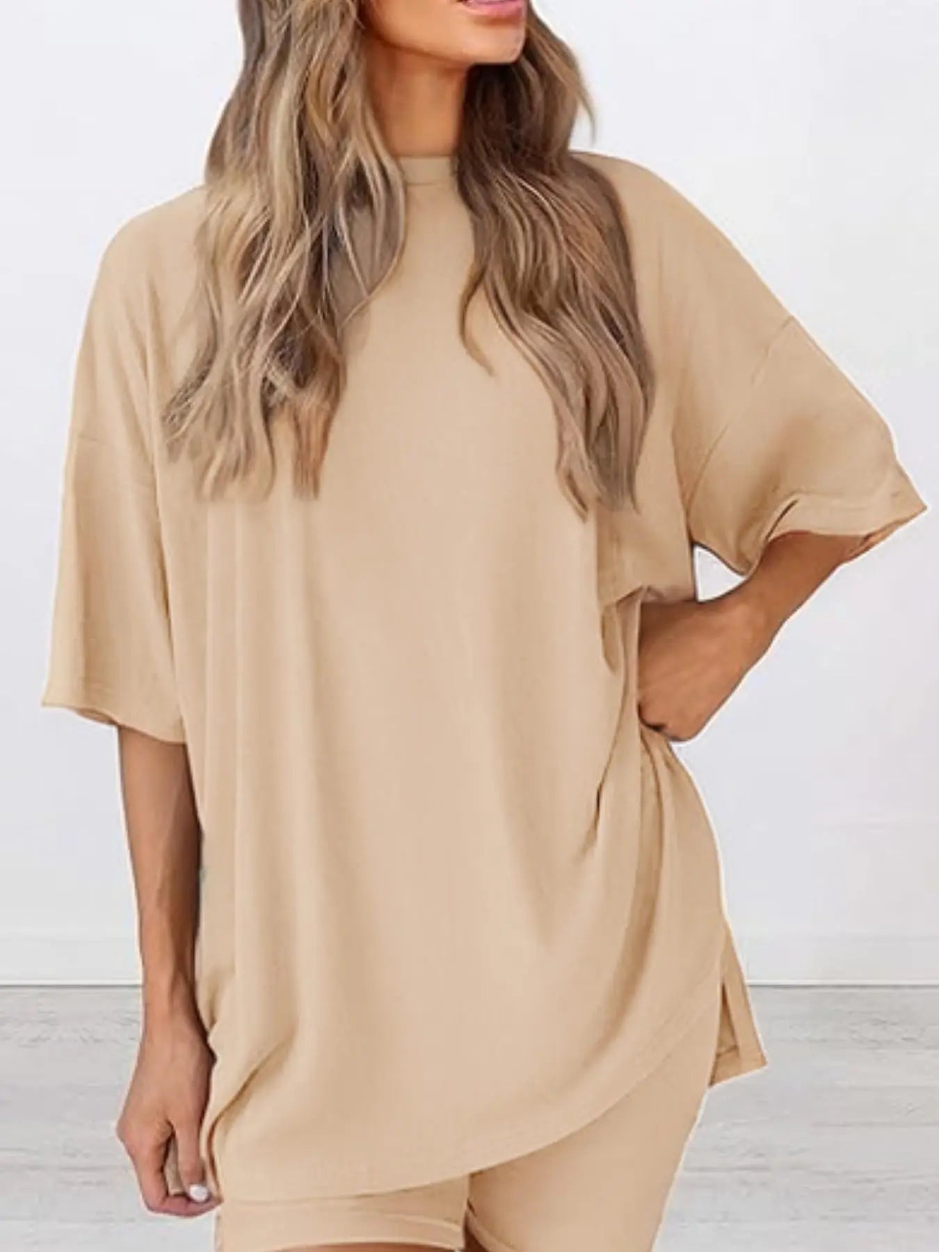 Women'S Solid Color T-Shirt and Tight Shorts Set, Summer Comfort round Neck Pajamas Loungewear, Pocket Design, Suitable for Outdoor Wear