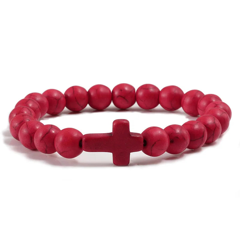 8mm Beads Religious Cross Bracelet for Women Men Natural Turquoise Stone Elastic Link Prayer Bracelet for Boy Girls