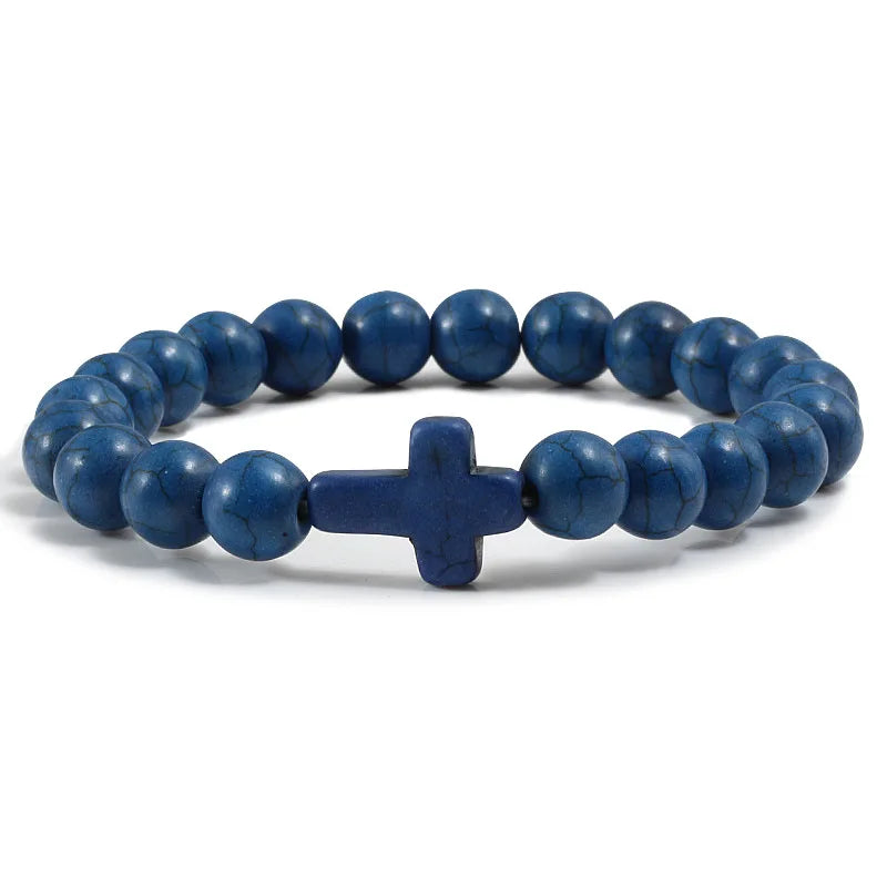 8mm Beads Religious Cross Bracelet for Women Men Natural Turquoise Stone Elastic Link Prayer Bracelet for Boy Girls