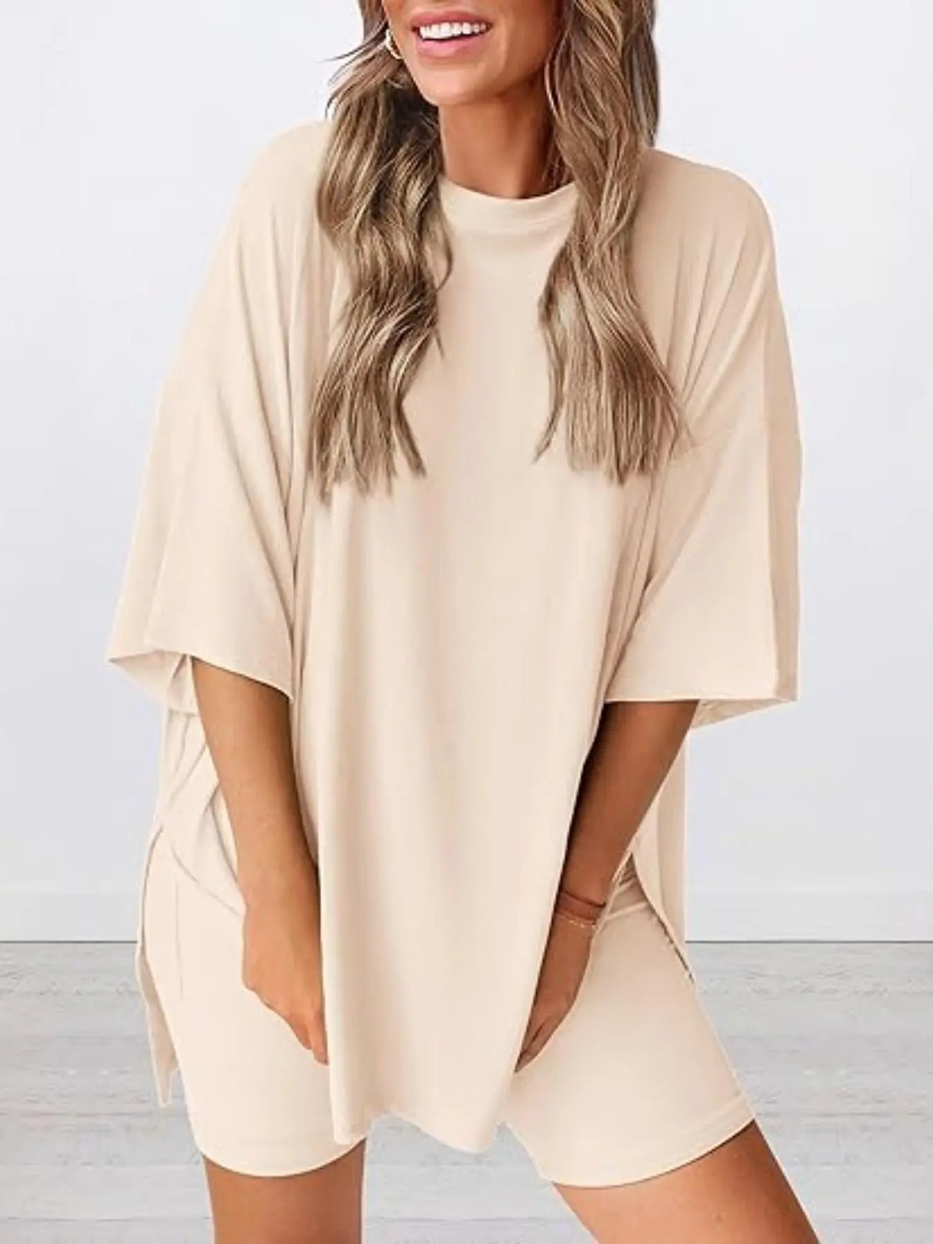 Women'S Solid Color T-Shirt and Tight Shorts Set, Summer Comfort round Neck Pajamas Loungewear, Pocket Design, Suitable for Outdoor Wear