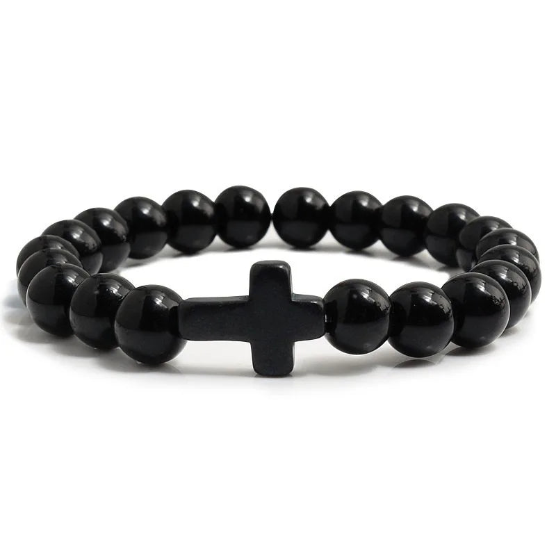 8mm Beads Religious Cross Bracelet for Women Men Natural Turquoise Stone Elastic Link Prayer Bracelet for Boy Girls