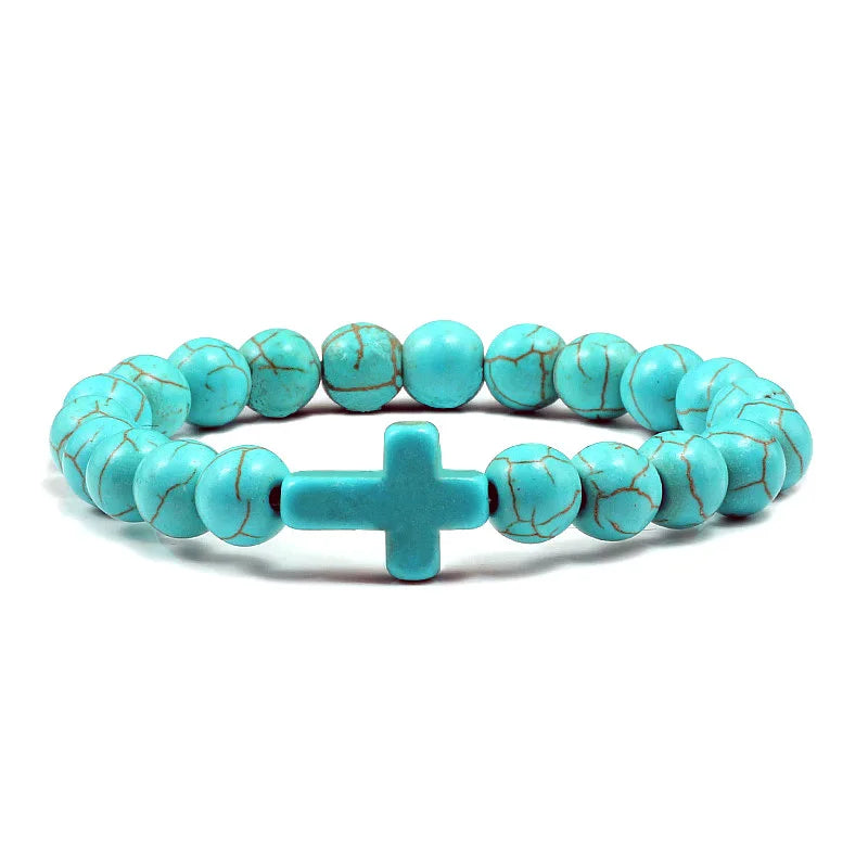 8mm Beads Religious Cross Bracelet for Women Men Natural Turquoise Stone Elastic Link Prayer Bracelet for Boy Girls