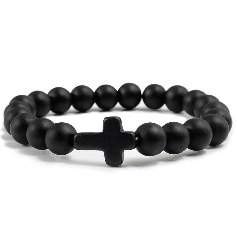 8mm Beads Religious Cross Bracelet for Women Men Natural Turquoise Stone Elastic Link Prayer Bracelet for Boy Girls