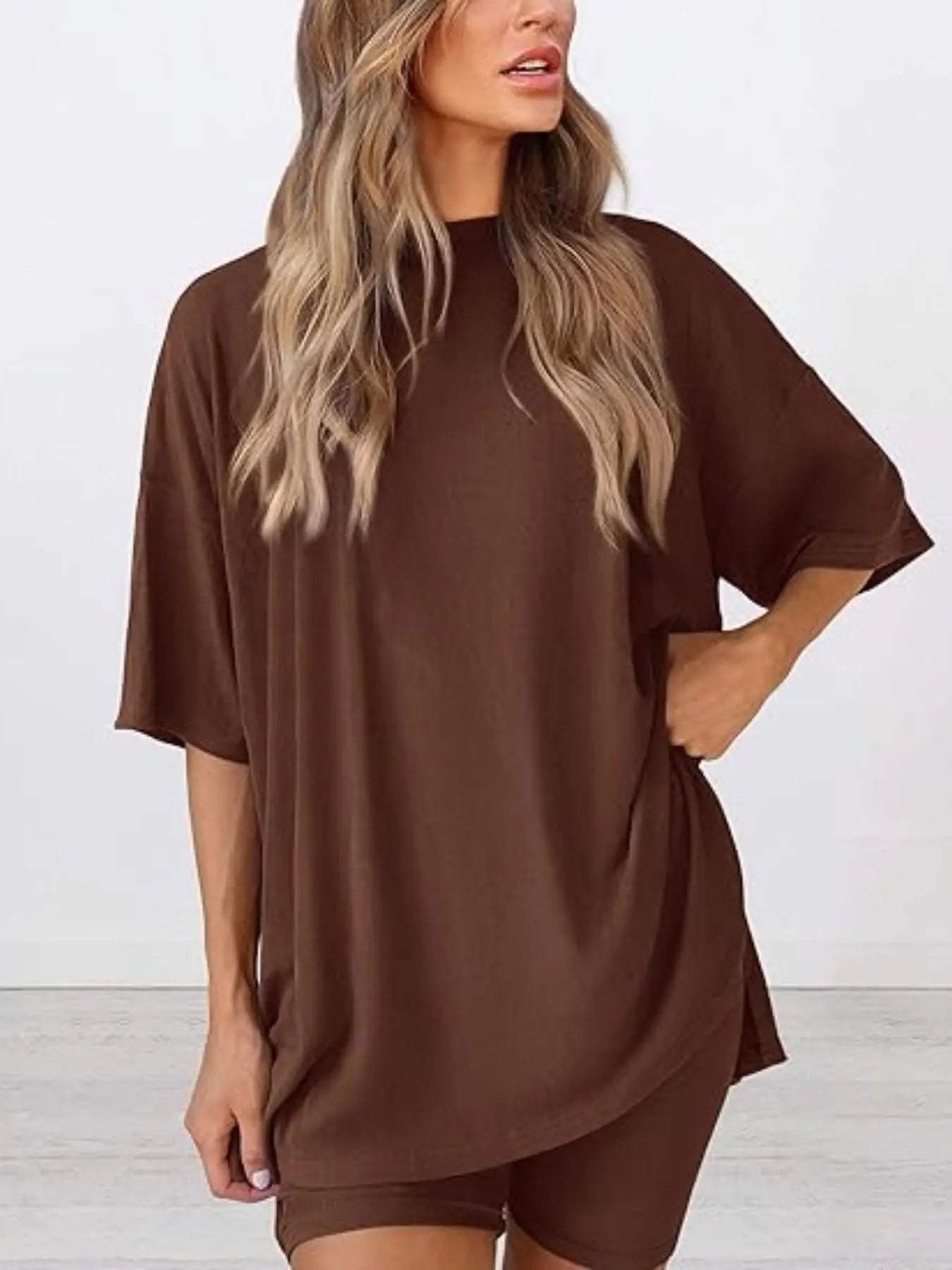Women'S Solid Color T-Shirt and Tight Shorts Set, Summer Comfort round Neck Pajamas Loungewear, Pocket Design, Suitable for Outdoor Wear