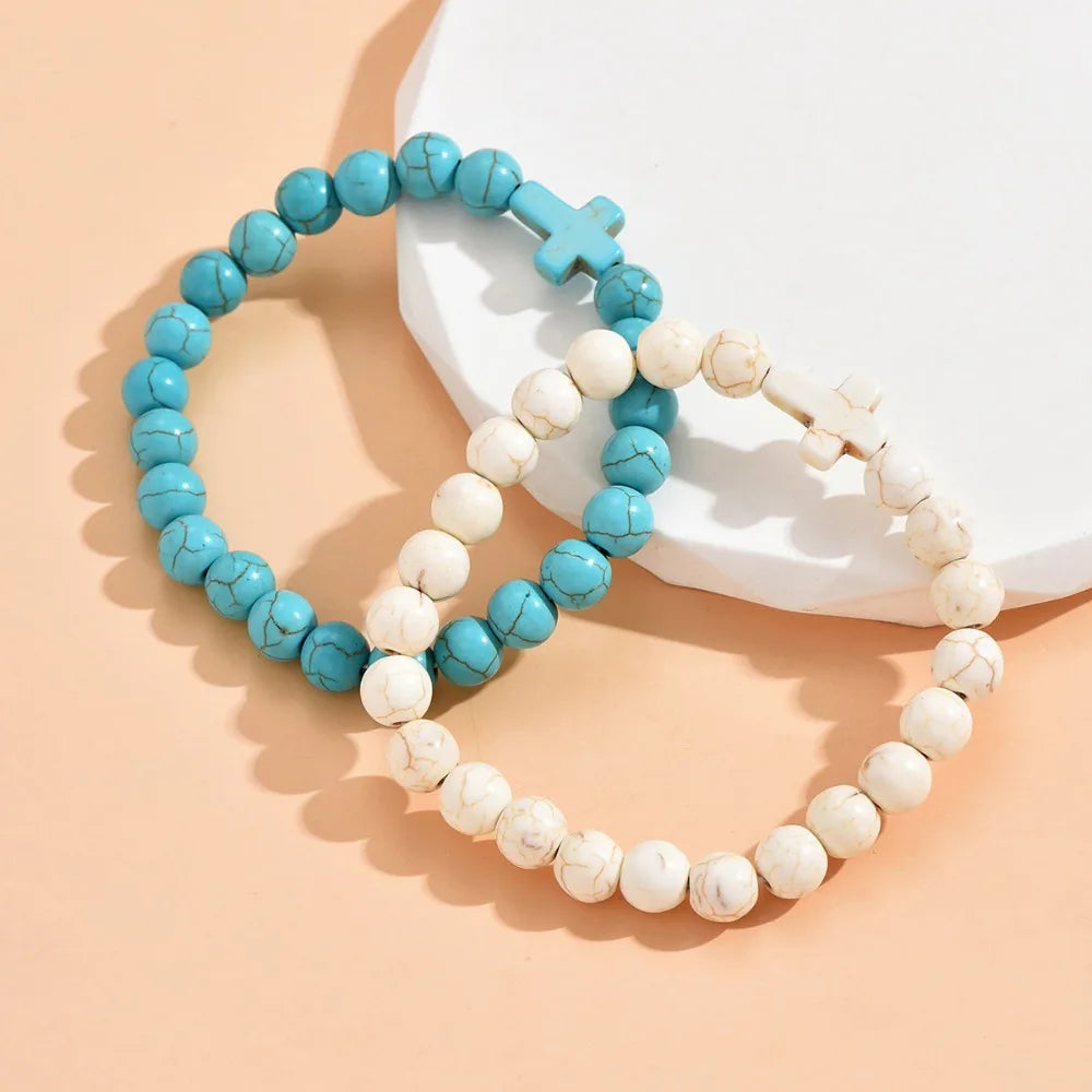 8mm Beads Religious Cross Bracelet for Women Men Natural Turquoise Stone Elastic Link Prayer Bracelet for Boy Girls