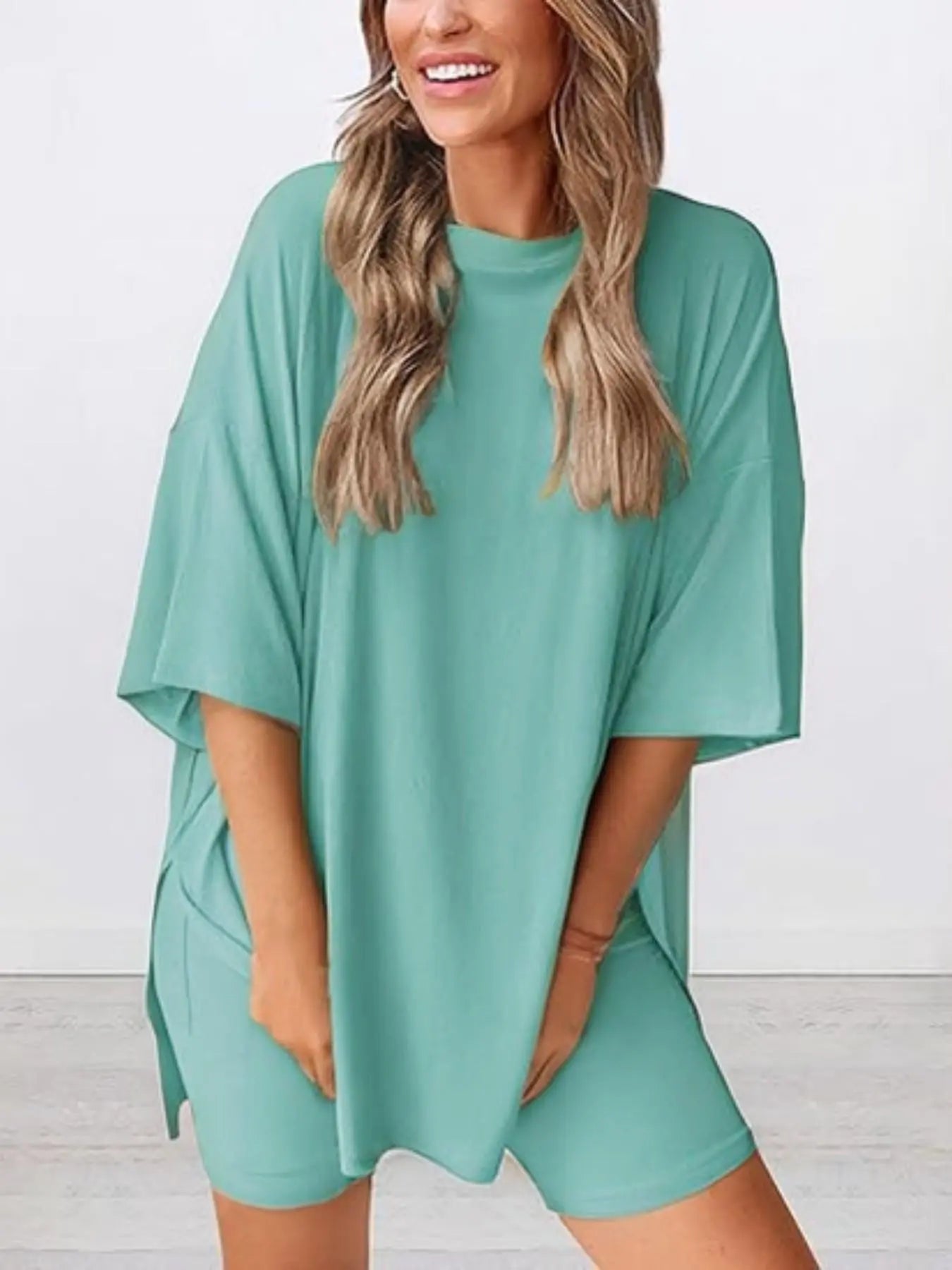 Women'S Solid Color T-Shirt and Tight Shorts Set, Summer Comfort round Neck Pajamas Loungewear, Pocket Design, Suitable for Outdoor Wear