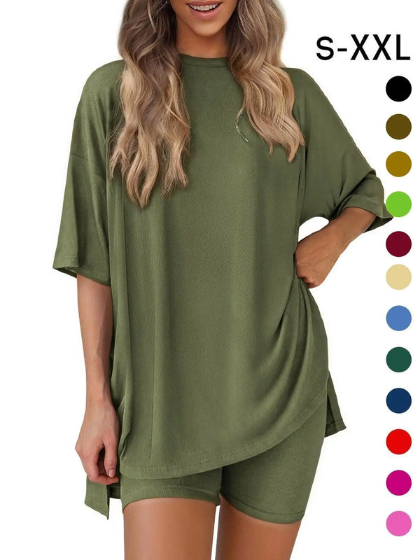 Women'S Solid Color T-Shirt and Tight Shorts Set, Summer Comfort round Neck Pajamas Loungewear, Pocket Design, Suitable for Outdoor Wear